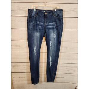 Forever 21 Women's Blue Solid Stretch Mid Rise Distressed Skinny Jeans Size 14‎